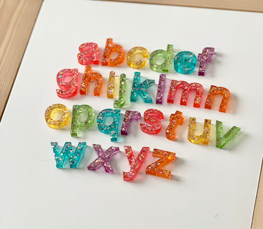 Rainbow Glitter Resin Lowercase Alphabet • Movable Alphabet Set • Fits Resin Letter Flisat Insert