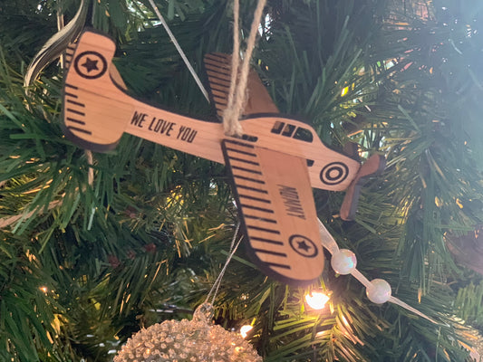 Wooden Airplane Christmas Ornament - Customizable