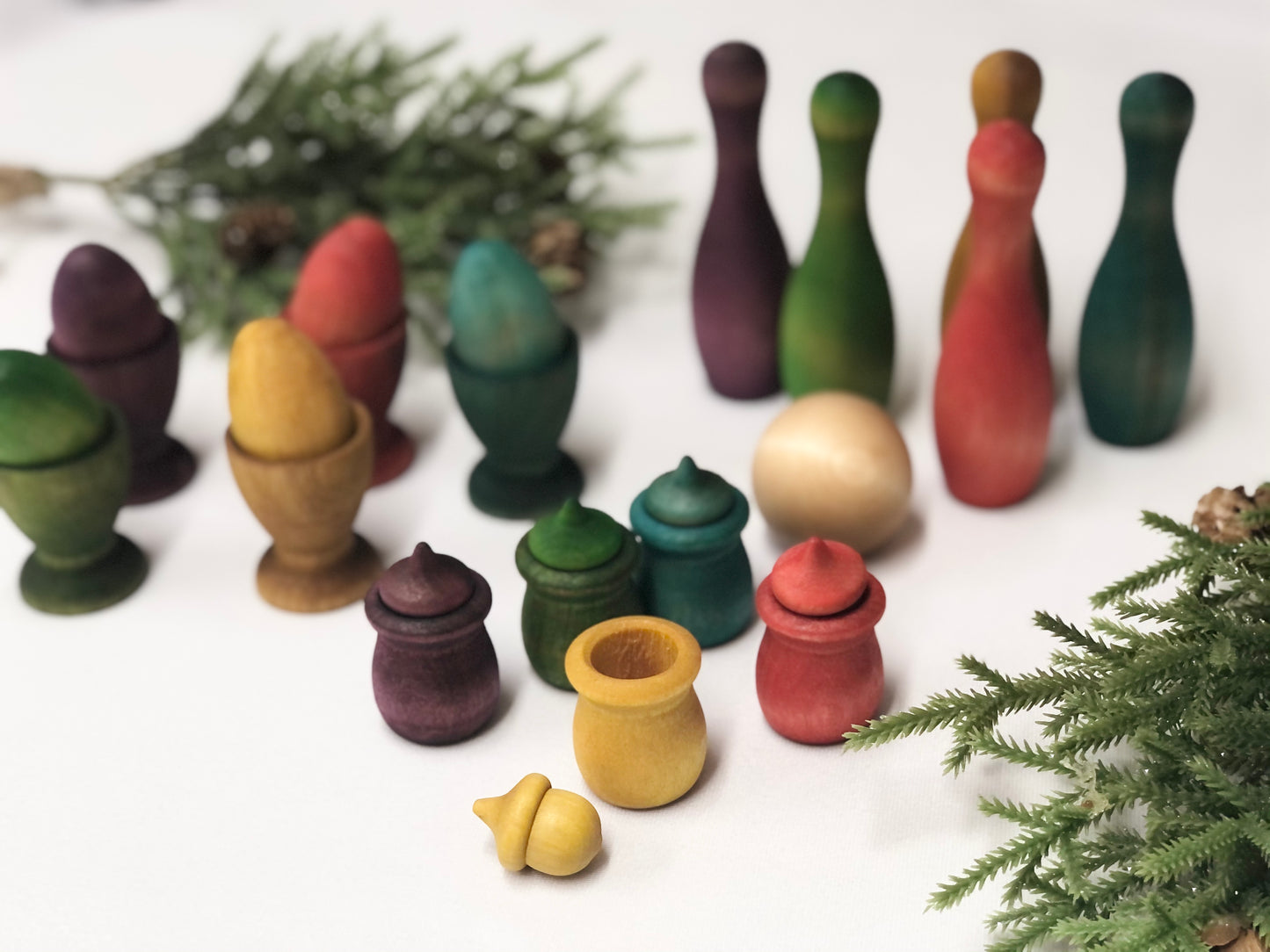Naturally Dyed Rainbow Wooden Bowling Pins