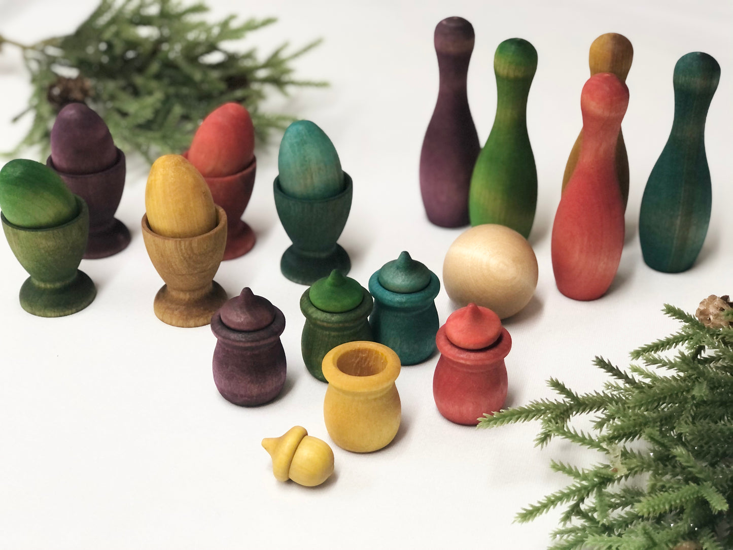 Naturally Dyed Rainbow Wooden Bowling Pins